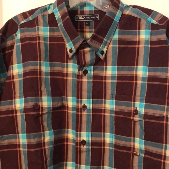 Mens Roper Shirt Brown Blue Multi Plaid Large 100% Cotton - Picture 4 of 5